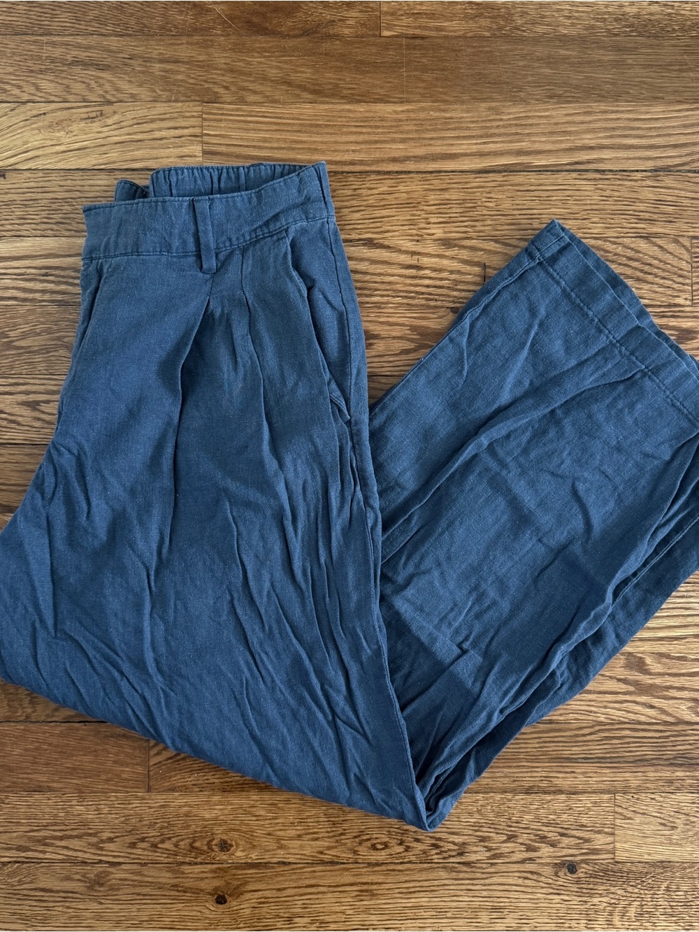 High-Rise Linen-Blend Blue Trousers